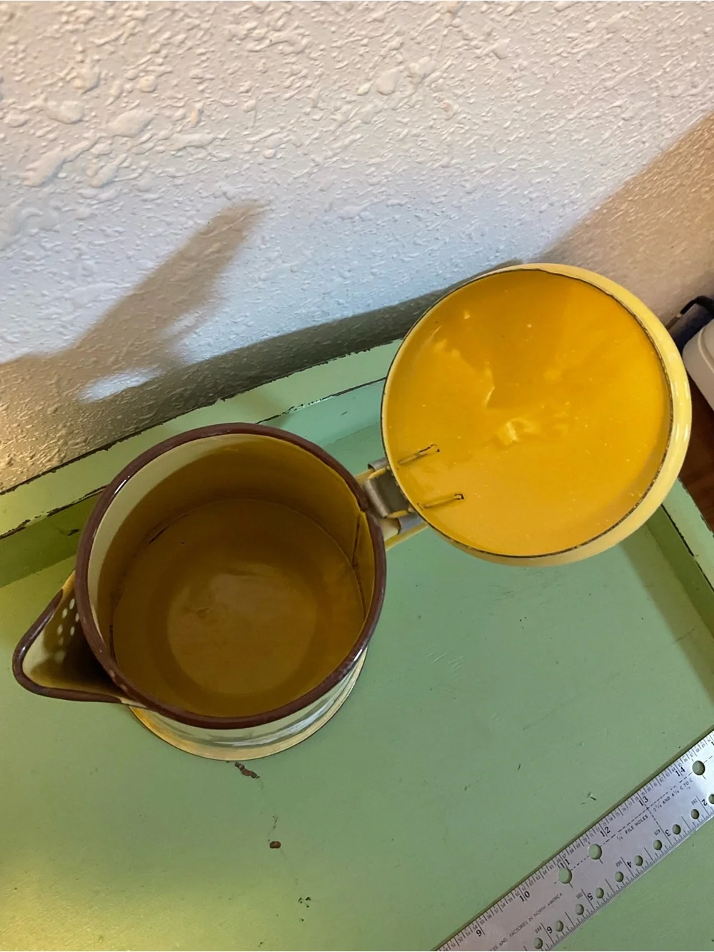 Antique Yellow White Enamelware Coffee Pot Flowers